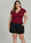 Cropped Plus Size Júlia: Transpassado Canelado com Manga Curta